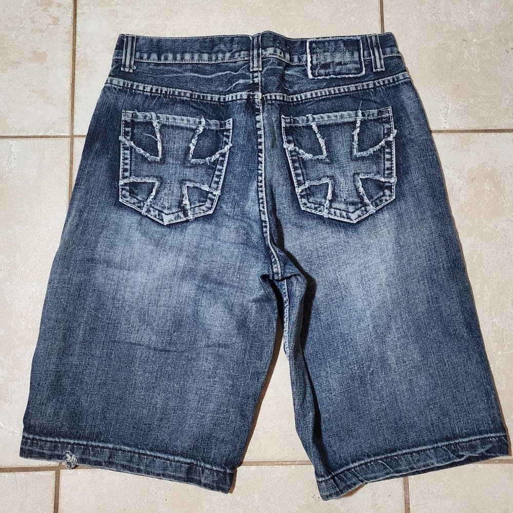 Helix Gothic Grunge Cross Pocket Distressed Jean Shorts Jorts